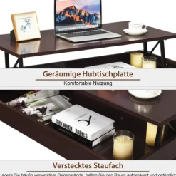 Couchtisch mit erhöhter Tischplatte Cocktailtisch mit Hubtischplatte 98 x 50 x 42 - 55 cm Braun