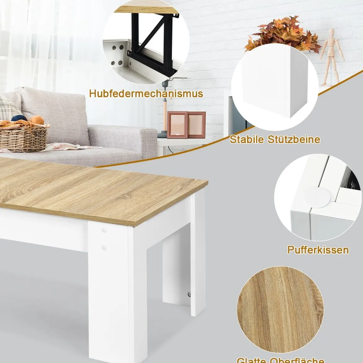 Couchtisch mit erhöhter Tischplatte Cocktailtisch für Wohnzimmer 98 x 50 x 42 - 55 cm Weiß + Natur