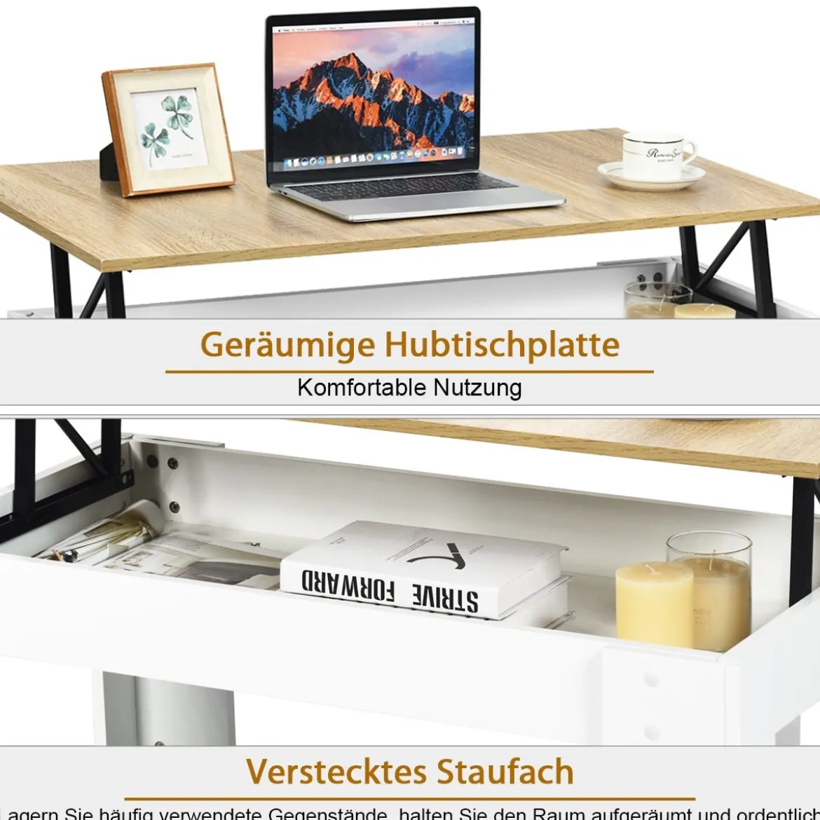 Couchtisch mit erhöhter Tischplatte Cocktailtisch für Wohnzimmer 98 x 50 x 42 - 55 cm Weiß + Natur