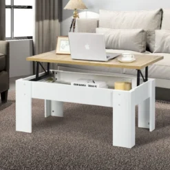Couchtisch mit erhöhter Tischplatte Cocktailtisch für Wohnzimmer 98 x 50 x 42 - 55 cm Weiß + Natur