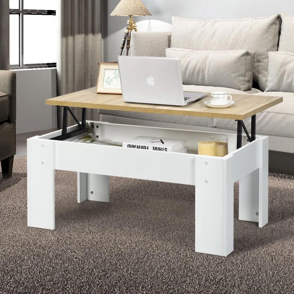 Couchtisch mit erhöhter Tischplatte Cocktailtisch für Wohnzimmer 98 x 50 x 42 - 55 cm Weiß + Natur