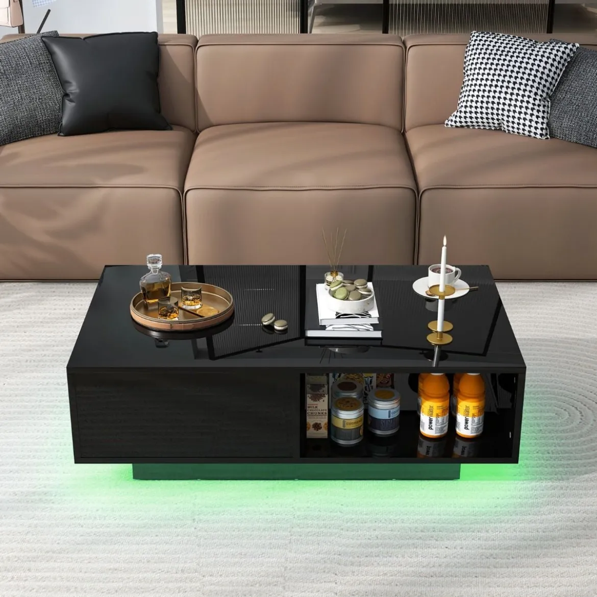 Couchtisch mit 20 Farben LED-Lichtern und Fernbedienung 95 x 55 x 31 cm Weiß/Schwarz