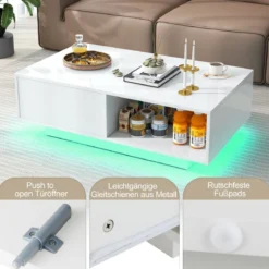Couchtisch mit 20 Farben LED-Lichtern und Fernbedienung 95 x 55 x 31 cm Weiß/Schwarz