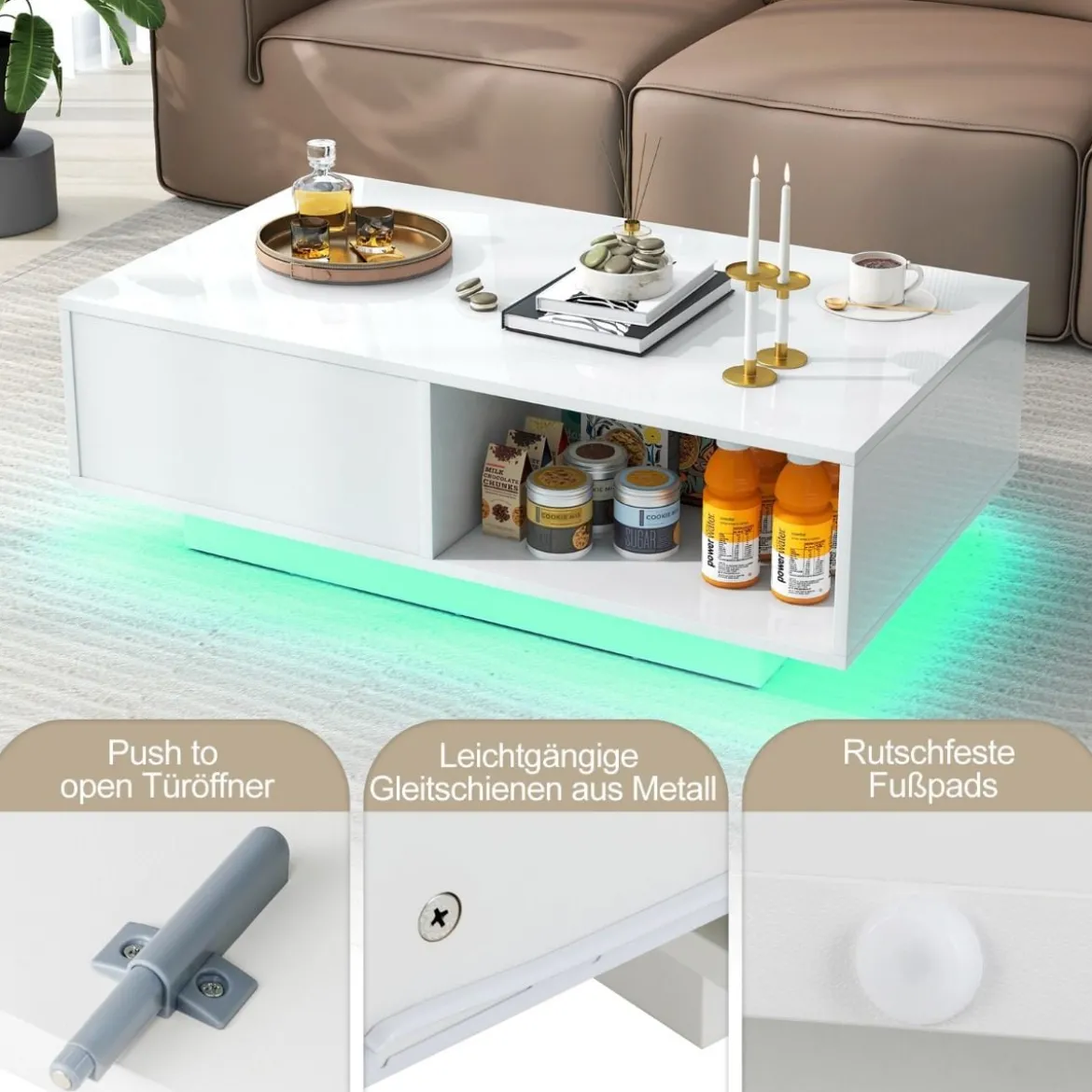 Couchtisch mit 20 Farben LED-Lichtern und Fernbedienung 95 x 55 x 31 cm Weiß/Schwarz