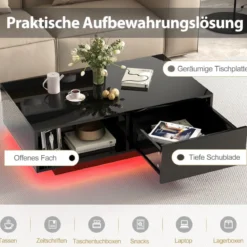 Couchtisch mit 20 Farben LED-Lichtern und Fernbedienung 95 x 55 x 31 cm Weiß/Schwarz