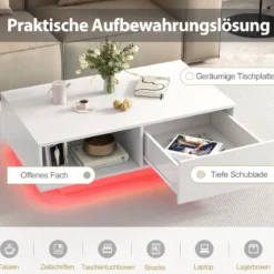 Couchtisch mit 20 Farben LED-Lichtern und Fernbedienung 95 x 55 x 31 cm Weiß/Schwarz