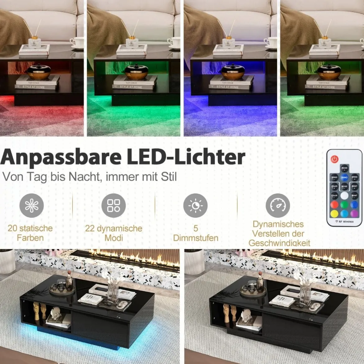 Couchtisch mit 20 Farben LED-Lichtern und Fernbedienung 95 x 55 x 31 cm Weiß/Schwarz