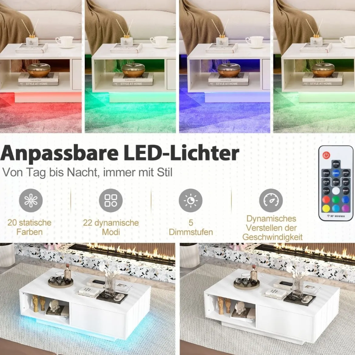 Couchtisch mit 20 Farben LED-Lichtern und Fernbedienung 95 x 55 x 31 cm Weiß/Schwarz