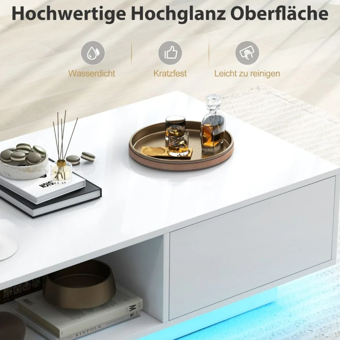 Couchtisch mit 20 Farben LED-Lichtern und Fernbedienung 95 x 55 x 31 cm Weiß/Schwarz