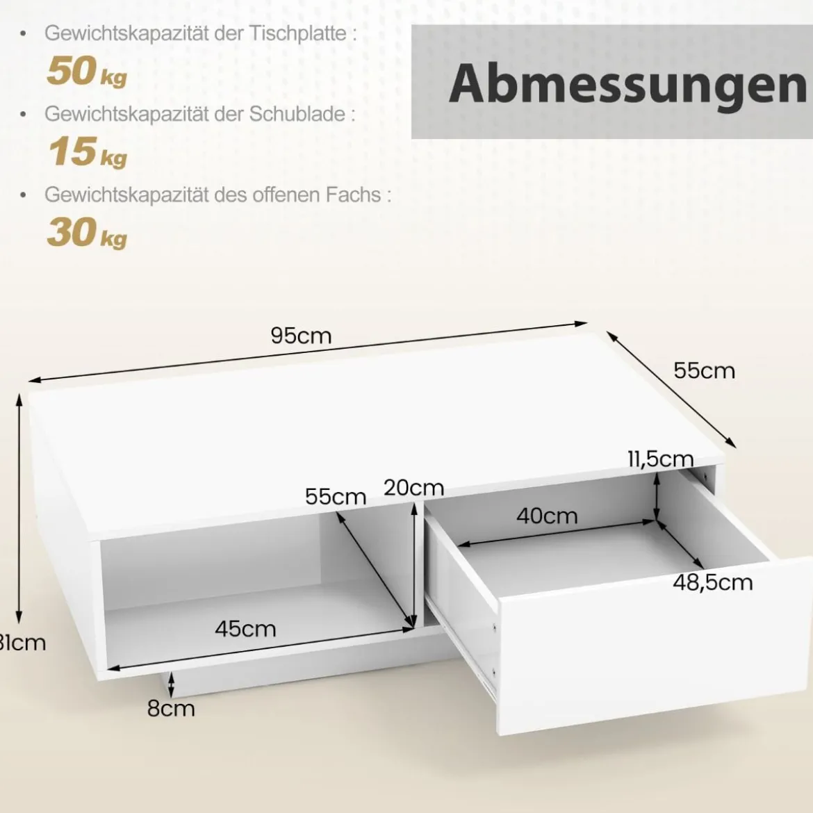Couchtisch mit 20 Farben LED-Lichtern und Fernbedienung 95 x 55 x 31 cm Weiß/Schwarz