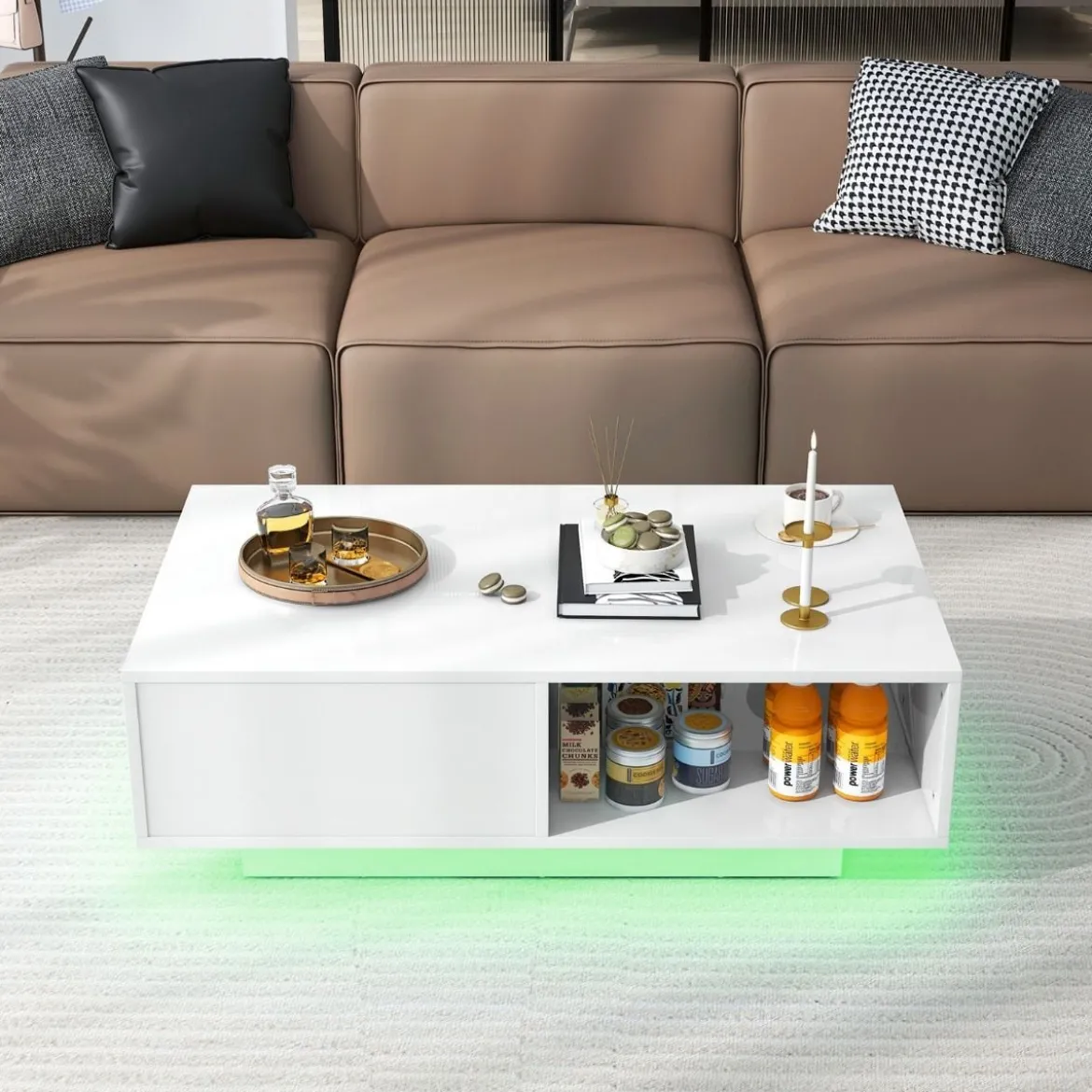 Couchtisch mit 20 Farben LED-Lichtern und Fernbedienung 95 x 55 x 31 cm Weiß/Schwarz