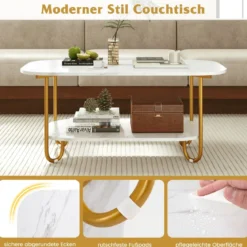 Couchtisch mit Faux-Marmorplatte 2-stufiger moderner Teetisch mit robustem Metallrahmen 100 x 50 x 45 cm