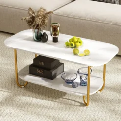 Couchtisch mit Faux-Marmorplatte 2-stufiger moderner Teetisch mit robustem Metallrahmen 100 x 50 x 45 cm