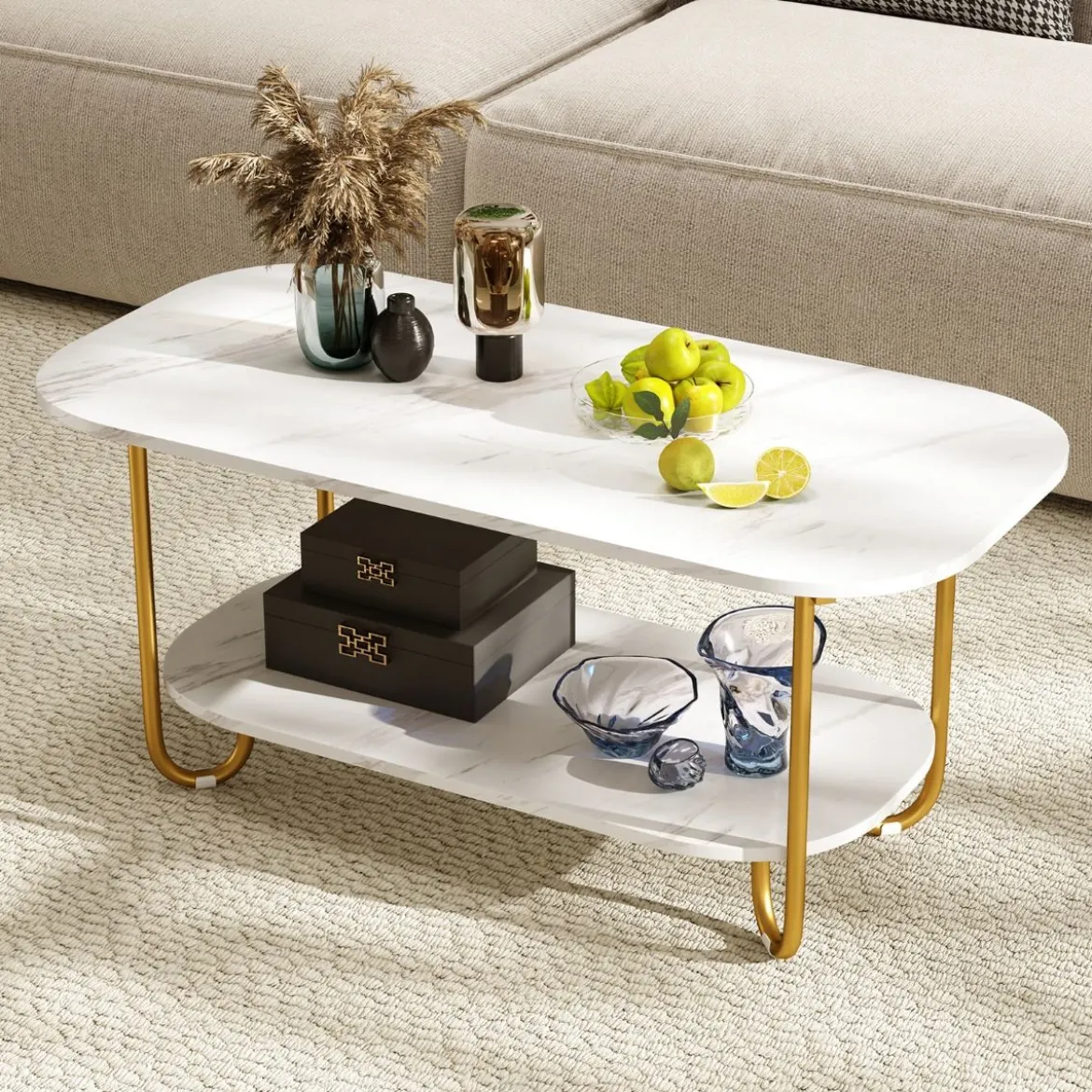Couchtisch mit Faux-Marmorplatte 2-stufiger moderner Teetisch mit robustem Metallrahmen 100 x 50 x 45 cm