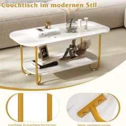 Couchtisch mit Faux-Marmorplatte 2-stufiger moderner Teetisch mit robustem Metallrahmen 100 x 50 x 45 cm