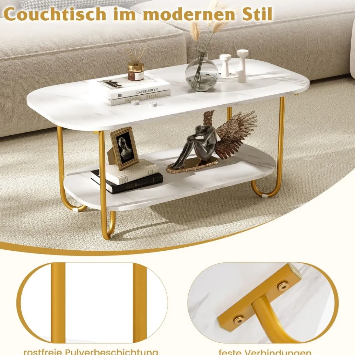Couchtisch mit Faux-Marmorplatte 2-stufiger moderner Teetisch mit robustem Metallrahmen 100 x 50 x 45 cm