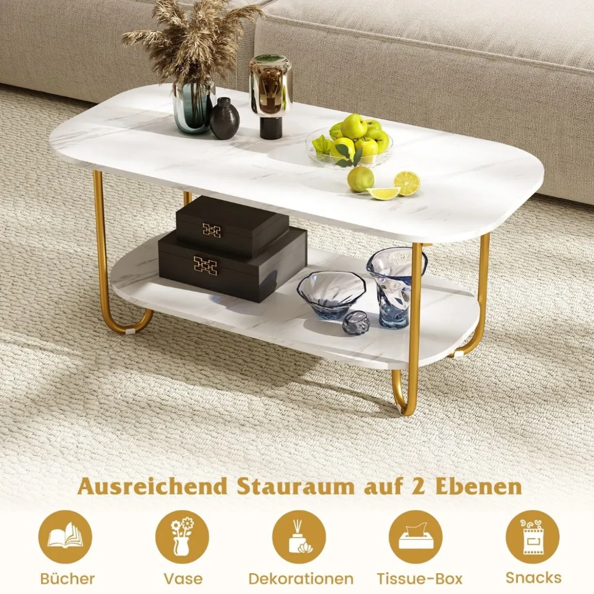 Couchtisch mit Faux-Marmorplatte 2-stufiger moderner Teetisch mit robustem Metallrahmen 100 x 50 x 45 cm