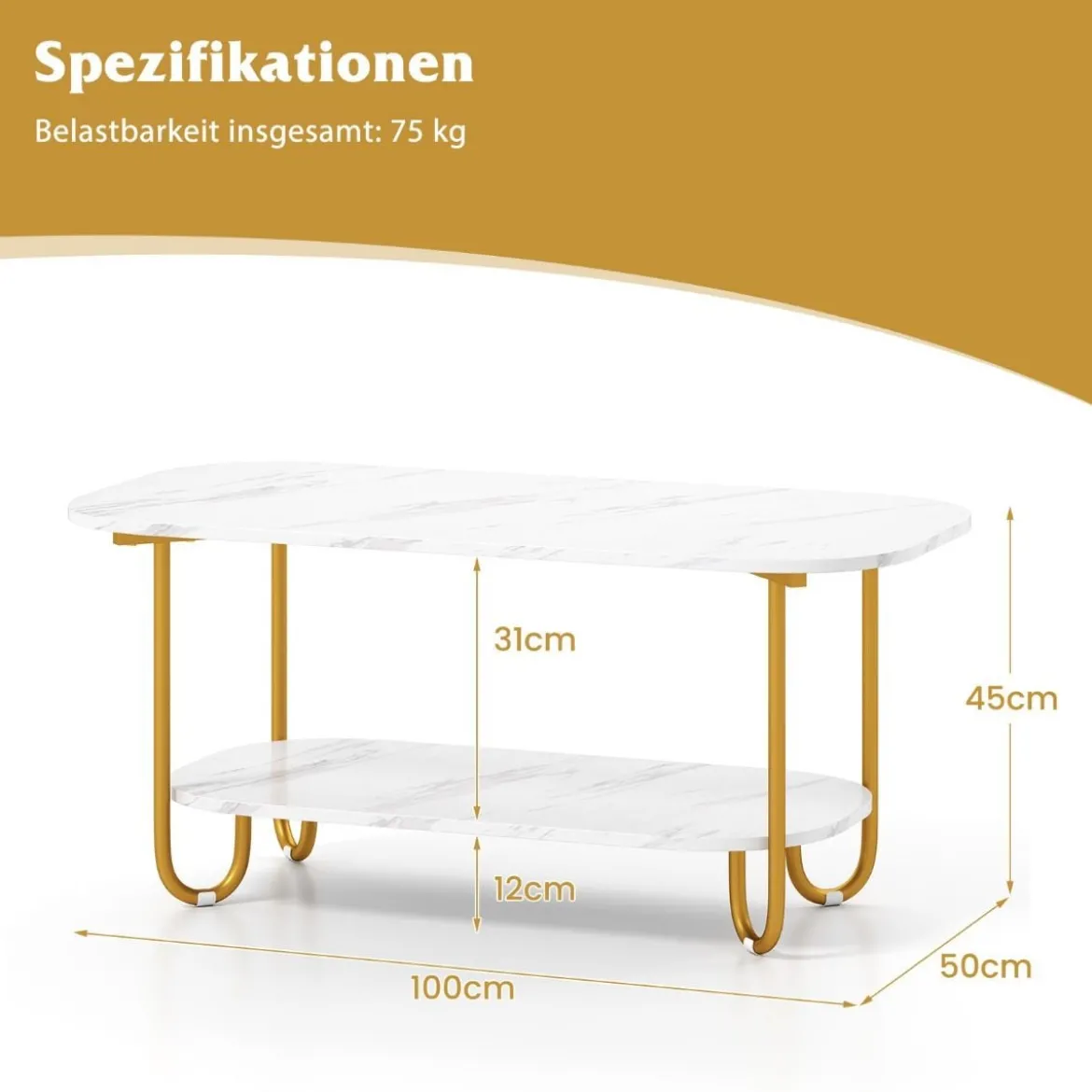 Couchtisch mit Faux-Marmorplatte 2-stufiger moderner Teetisch mit robustem Metallrahmen 100 x 50 x 45 cm