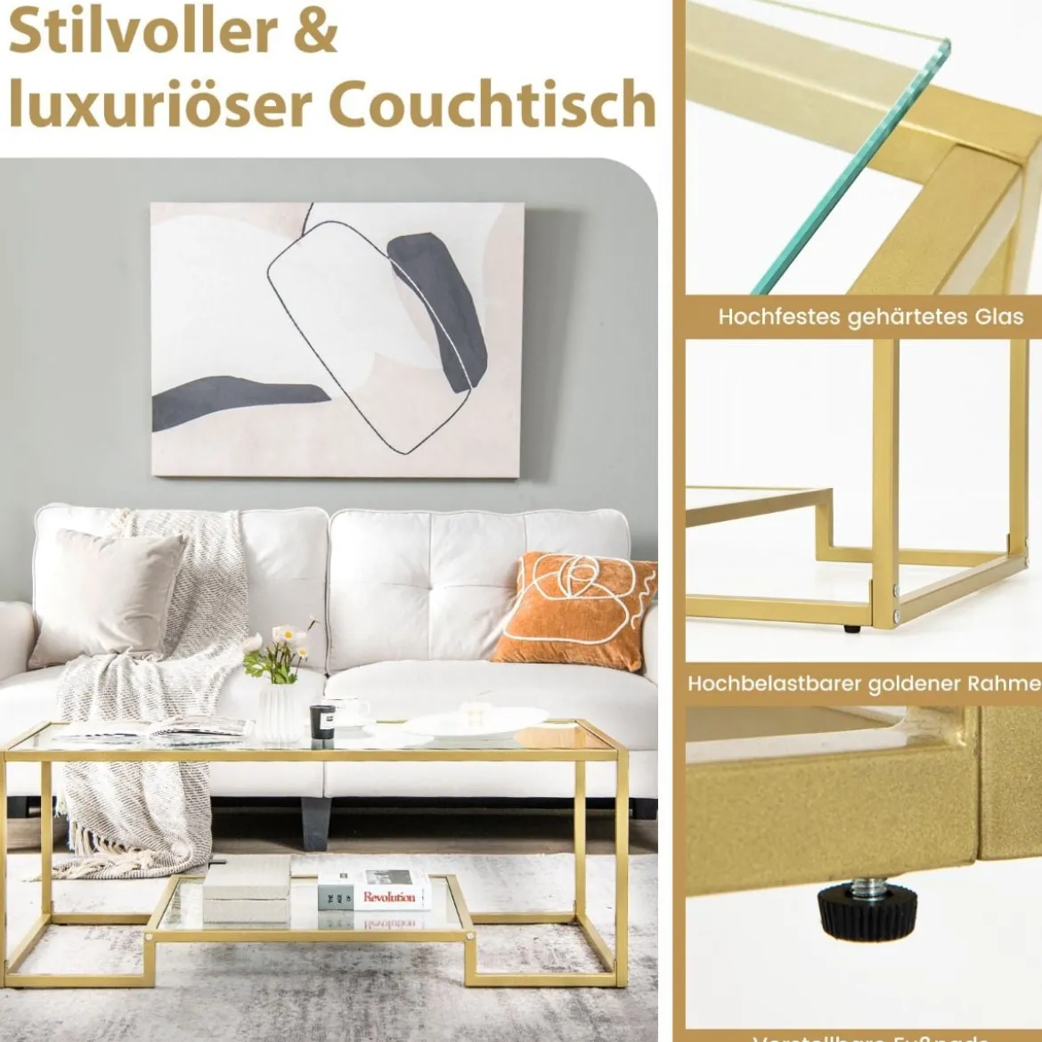 Couchtisch mit Glas Tischplatte & Metallrahmen Glastisch Kaffeetisch 114 x 51 x 43,5 cm Gold