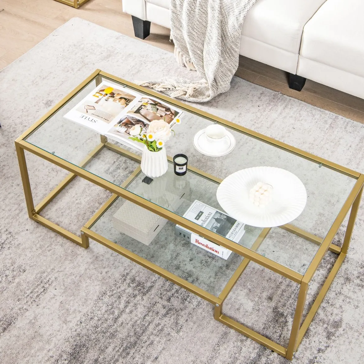 Couchtisch mit Glas Tischplatte & Metallrahmen Glastisch Kaffeetisch 114 x 51 x 43,5 cm Gold