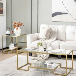 Couchtisch mit Glas Tischplatte & Metallrahmen Glastisch Kaffeetisch 114 x 51 x 43,5 cm Gold