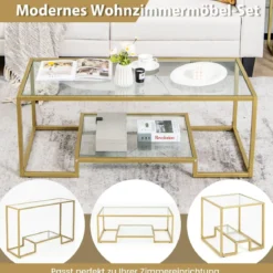 Couchtisch mit Glas Tischplatte & Metallrahmen Glastisch Kaffeetisch 114 x 51 x 43,5 cm Gold
