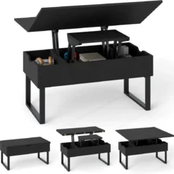 Couchtisch mit höhenverstellbarer Tischplatte 3 in 1 wandelbarer Kaffeetisch mit 3 versteckten Fächern Schwarz