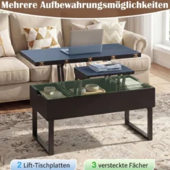 Couchtisch mit höhenverstellbarer Tischplatte 3 in 1 wandelbarer Kaffeetisch mit 3 versteckten Fächern Schwarz