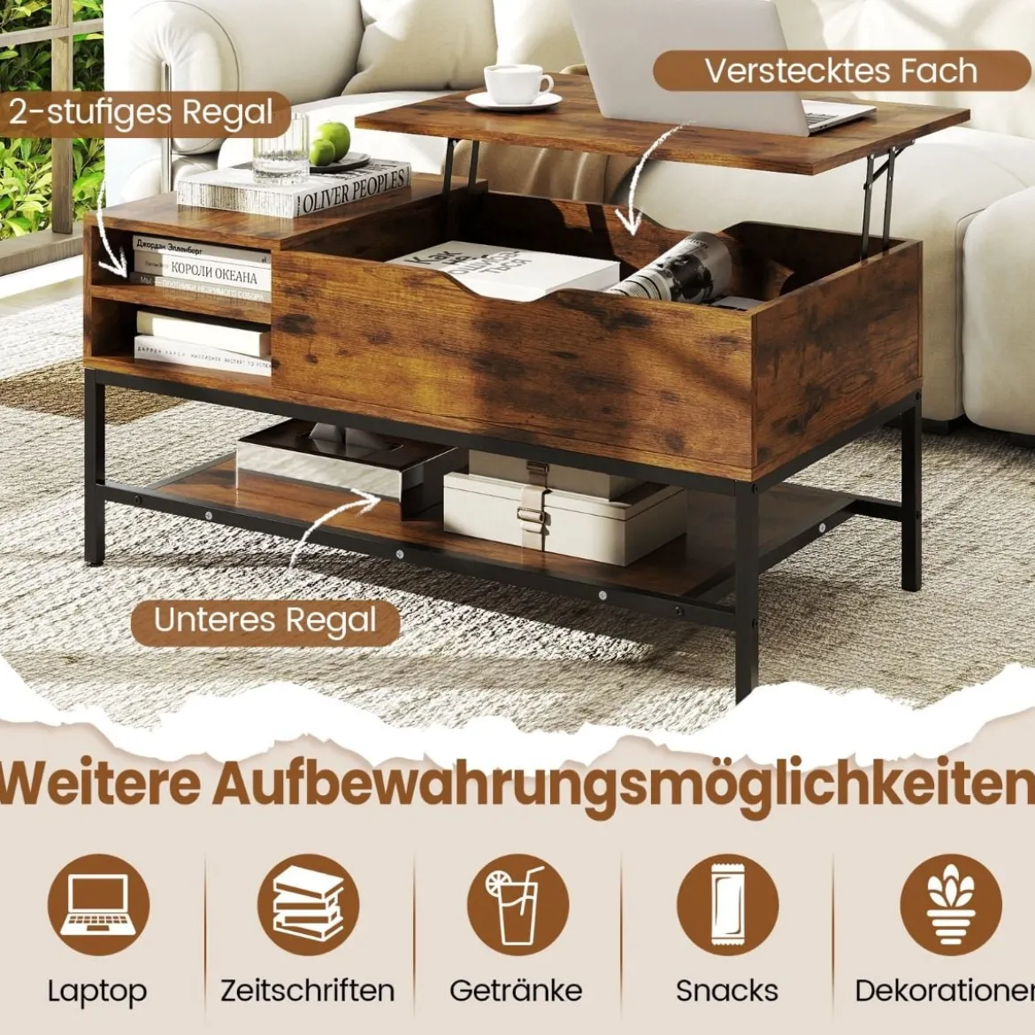 Couchtisch mit höhenverstellbare Tischplatte Wohnzimmertisch mit verstecktem Fach Holz Sofatisch mit Ablagefach Braun