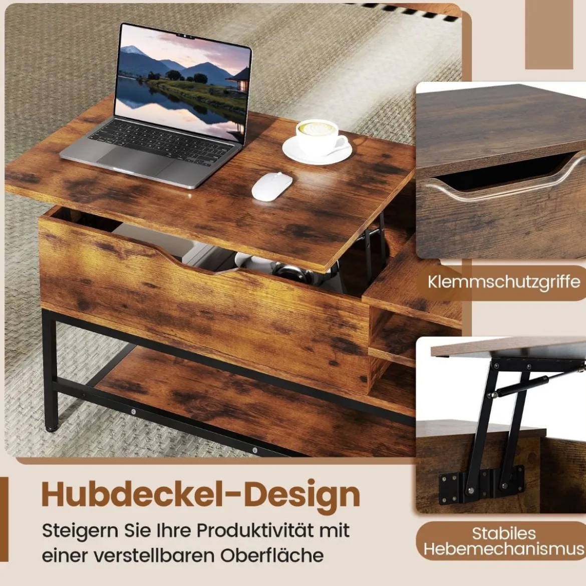 Couchtisch mit höhenverstellbare Tischplatte Wohnzimmertisch mit verstecktem Fach Holz Sofatisch mit Ablagefach Braun