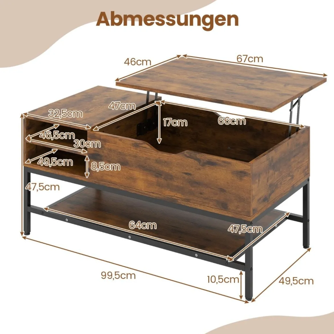 Couchtisch mit höhenverstellbare Tischplatte Wohnzimmertisch mit verstecktem Fach Holz Sofatisch mit Ablagefach Braun