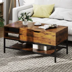 Couchtisch mit höhenverstellbare Tischplatte Wohnzimmertisch mit verstecktem Fach Holz Sofatisch mit Ablagefach Braun