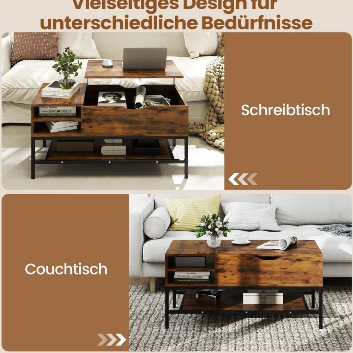 Couchtisch mit höhenverstellbare Tischplatte Wohnzimmertisch mit verstecktem Fach Holz Sofatisch mit Ablagefach Braun