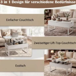 Couchtisch mit höhenverstellbarer Tischplatte 3 in 1 wandelbarer Kaffeetisch mit 3 versteckten Fächern Weiß