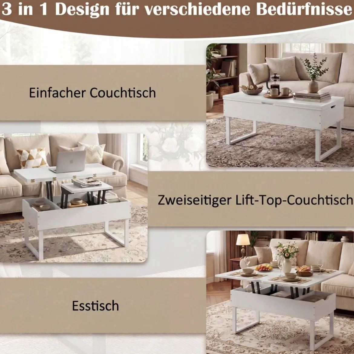 Couchtisch mit höhenverstellbarer Tischplatte 3 in 1 wandelbarer Kaffeetisch mit 3 versteckten Fächern Weiß