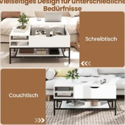 Couchtisch mit höhenverstellbare Tischplatte Wohnzimmertisch mit verstecktem Fach Holz Sofatisch mit Ablagefach Weiß