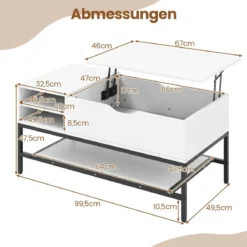 Couchtisch mit höhenverstellbare Tischplatte Wohnzimmertisch mit verstecktem Fach Holz Sofatisch mit Ablagefach Weiß