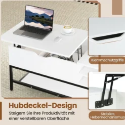 Couchtisch mit höhenverstellbare Tischplatte Wohnzimmertisch mit verstecktem Fach Holz Sofatisch mit Ablagefach Weiß