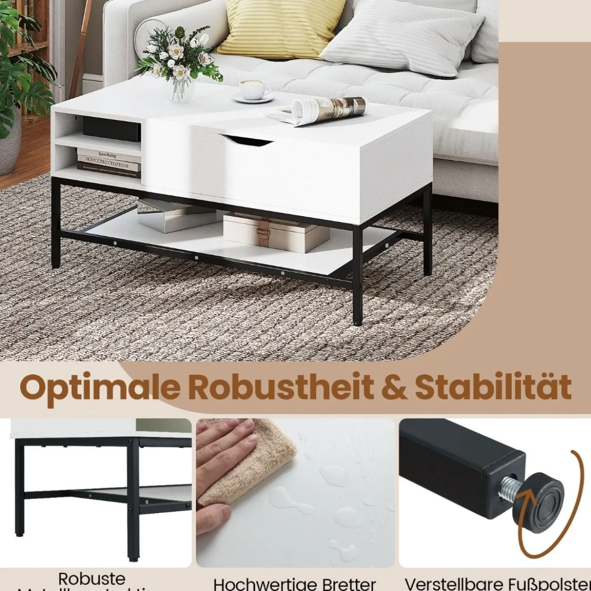 Couchtisch mit höhenverstellbare Tischplatte Wohnzimmertisch mit verstecktem Fach Holz Sofatisch mit Ablagefach Weiß