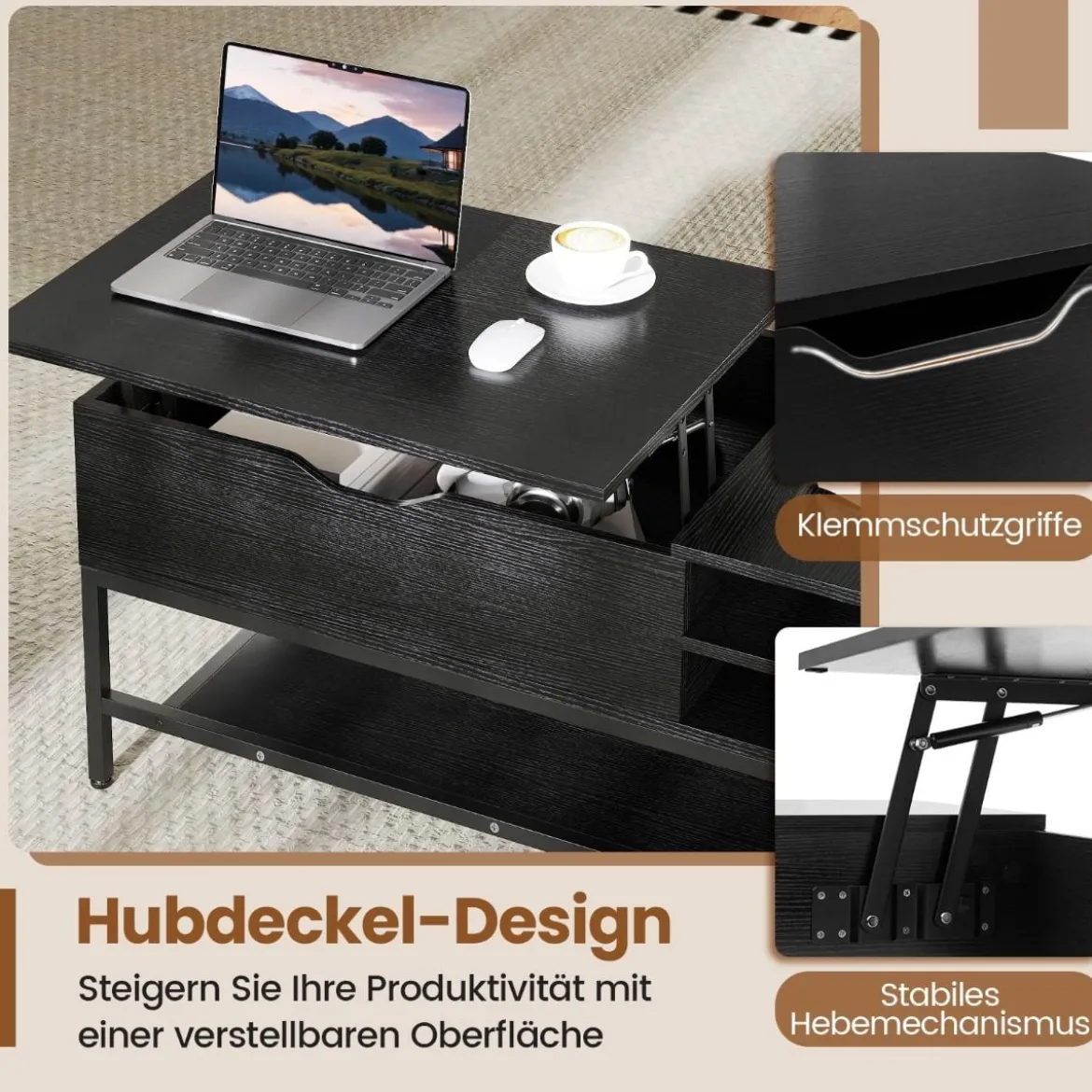 Couchtisch mit höhenverstellbare Tischplatte Wohnzimmertisch mit verstecktem Fach Holz Sofatisch mit Ablagefach Schwarz