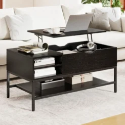 Couchtisch mit höhenverstellbare Tischplatte Wohnzimmertisch mit verstecktem Fach Holz Sofatisch mit Ablagefach Schwarz
