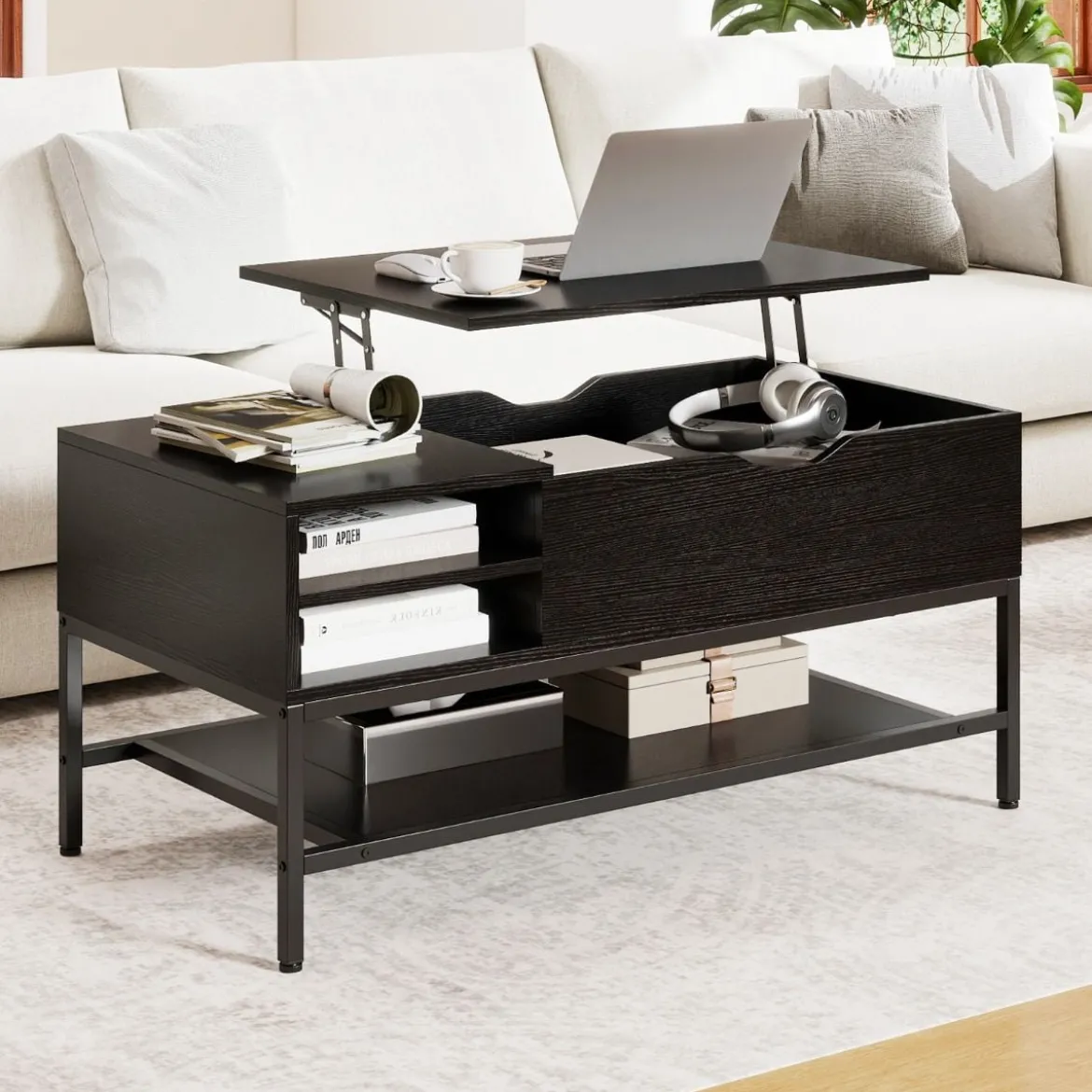 Couchtisch mit höhenverstellbare Tischplatte Wohnzimmertisch mit verstecktem Fach Holz Sofatisch mit Ablagefach Schwarz