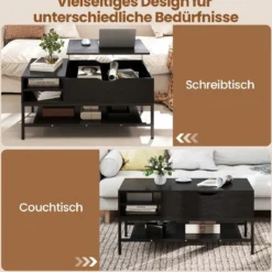 Couchtisch mit höhenverstellbare Tischplatte Wohnzimmertisch mit verstecktem Fach Holz Sofatisch mit Ablagefach Schwarz