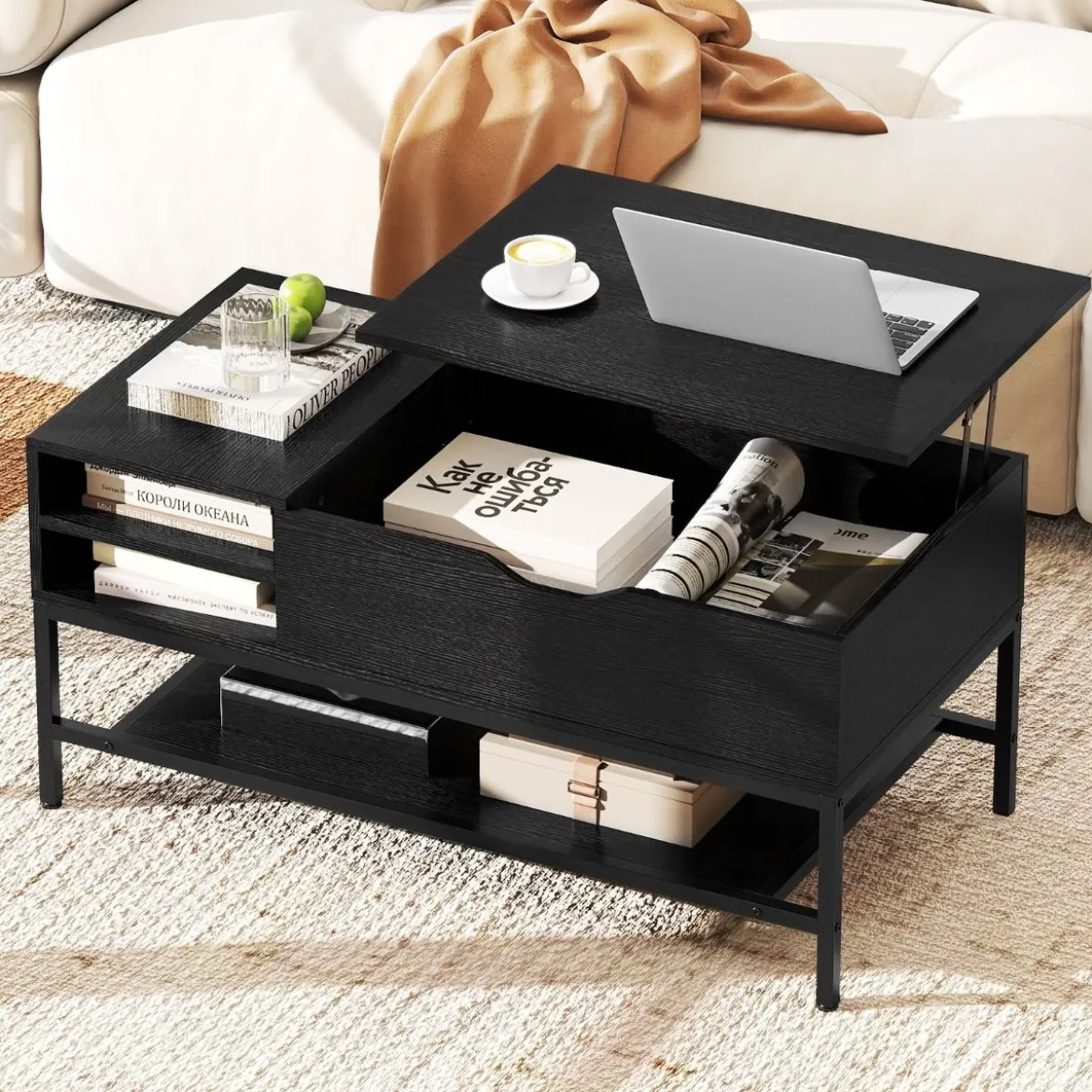 Couchtisch mit höhenverstellbare Tischplatte Wohnzimmertisch mit verstecktem Fach Holz Sofatisch mit Ablagefach Schwarz