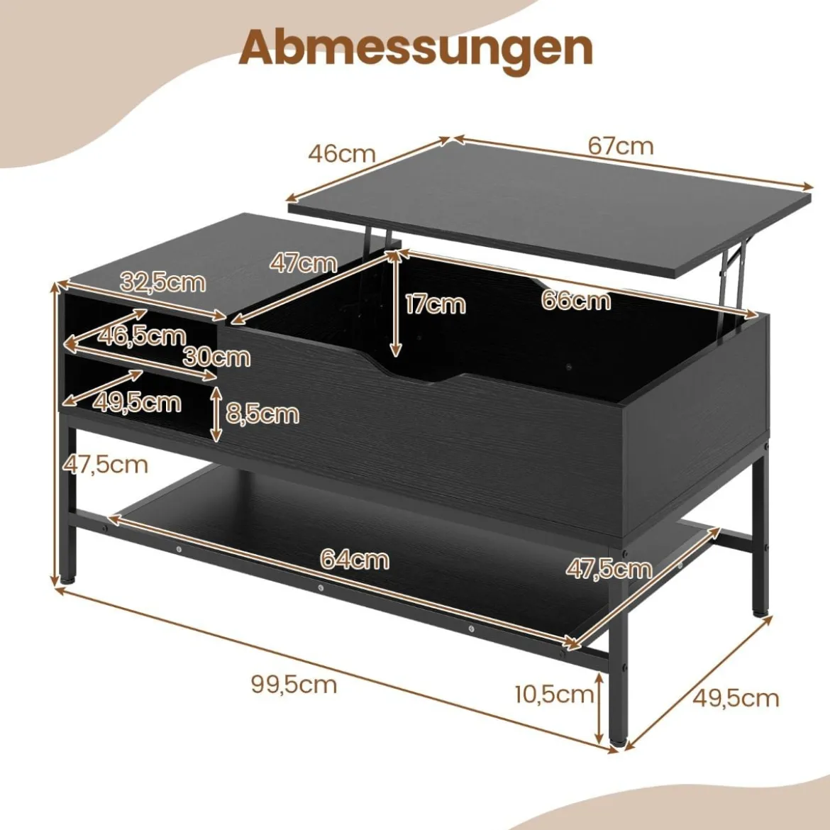 Couchtisch mit höhenverstellbare Tischplatte Wohnzimmertisch mit verstecktem Fach Holz Sofatisch mit Ablagefach Schwarz