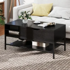 Couchtisch mit höhenverstellbare Tischplatte Wohnzimmertisch mit verstecktem Fach Holz Sofatisch mit Ablagefach Schwarz