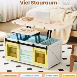Couchtisch mit höhenverstellbarer Tischplatte 105 cm Landhaus-Center-Tisch mit 2 Schiebetüren Weiß