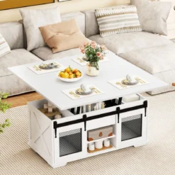 Couchtisch mit höhenverstellbarer Tischplatte 105 cm Landhaus-Center-Tisch mit 2 Schiebetüren Weiß