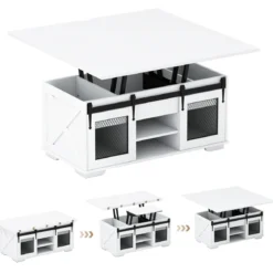Couchtisch mit höhenverstellbarer Tischplatte 105 cm Landhaus-Center-Tisch mit 2 Schiebetüren Weiß