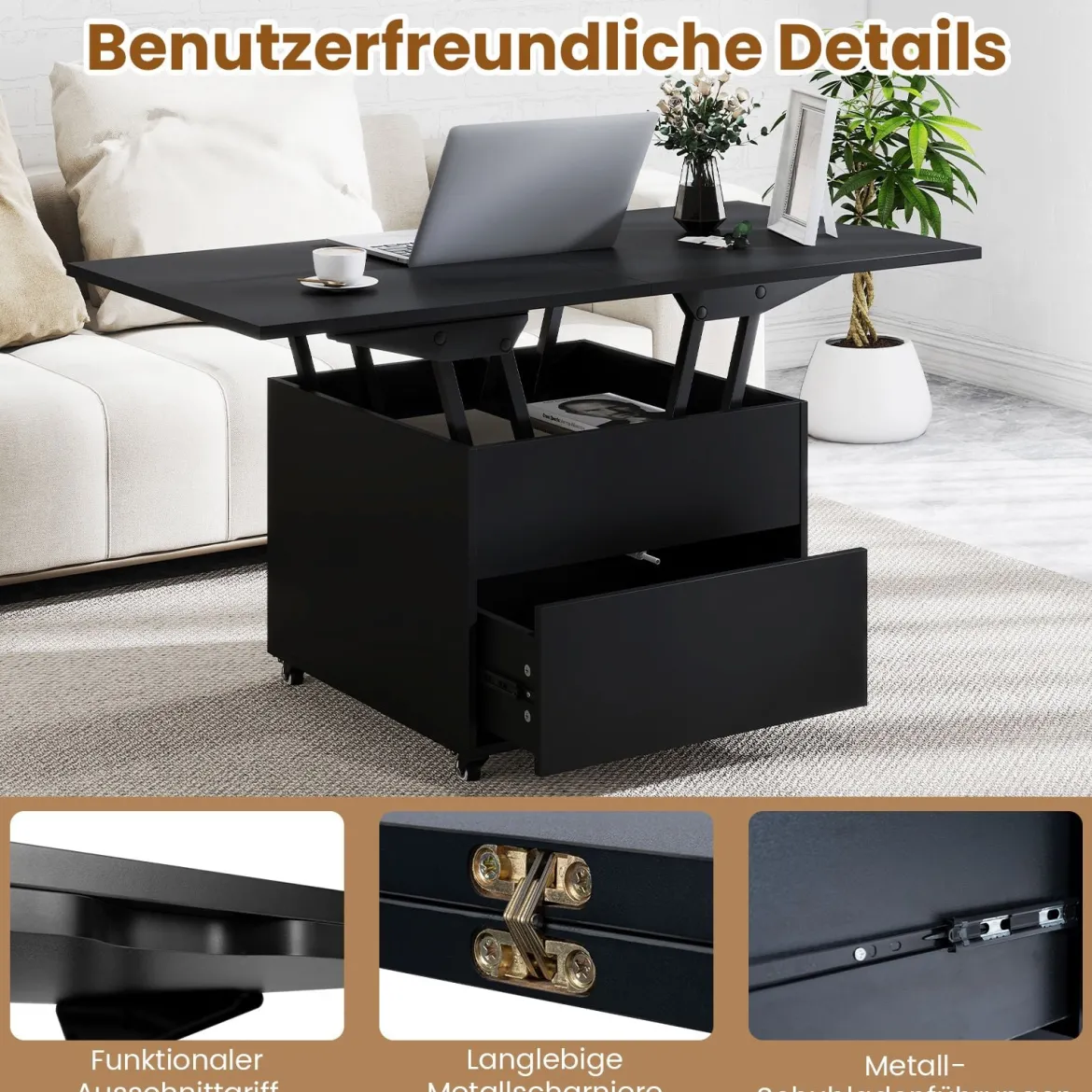Couchtisch mit Höhenverstellbarer Platte 3-in-1 klappbarer Esstisch mit verstecktem Stauraum Schwarz
